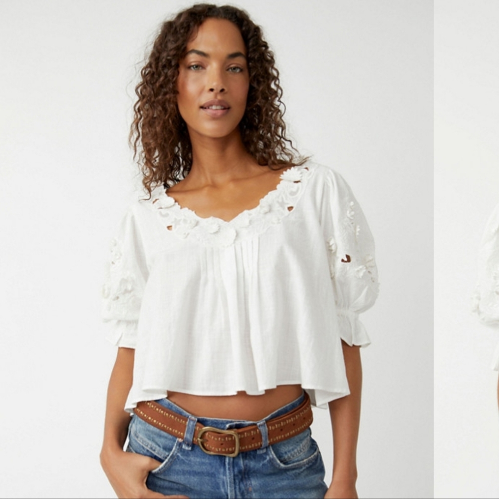 Free People White Floral Applique Women's Top
